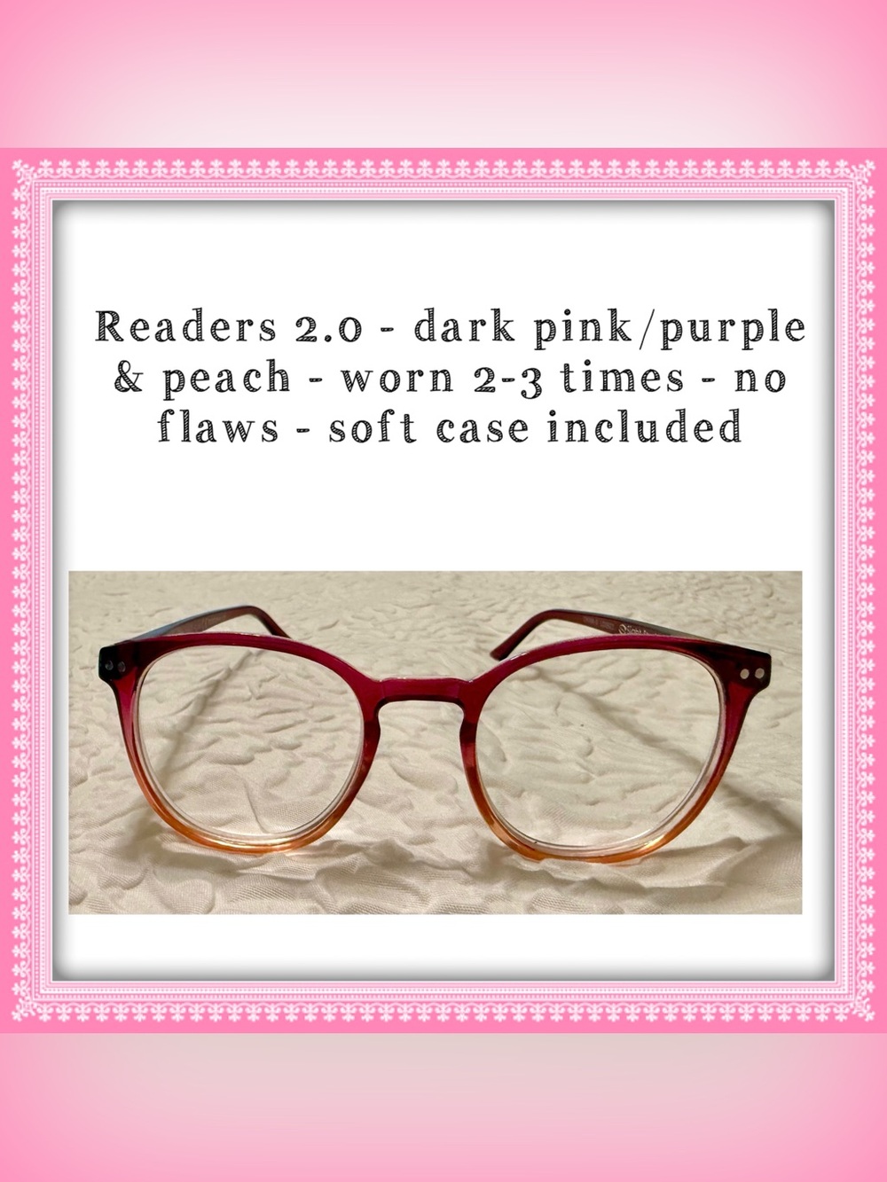 Reading glasses & soft case +2.0 dark pink/purple & peach -Gently used 2-3 times